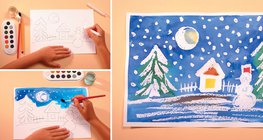 Wax drawing and painting of a winter scene