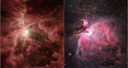 Image of the Orion Nebula in visible (left) and infrared light (right)