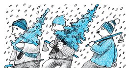 Három férfi karácsonyfát hoz a hegyről