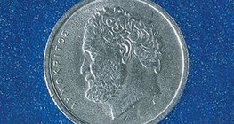 The Greek philosopher Democritus is depicted on Greek coins