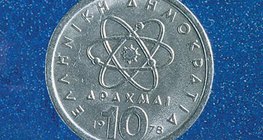 The Greek philosopher Democritus is depicted on Greek coins