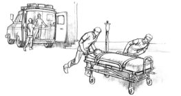 Taking an injured man to the hospital on a wheeled stretcher