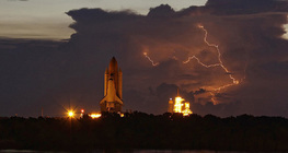 Space shuttle on a launch pad