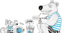 Egérke és medve a hangutánzó szavak bemutatásának kedvéért diót tör és bogarat kínoz