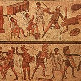 Gladiators depicted on a Pompeian mosaic