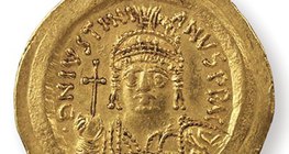 Justinian I, Byzantine emperor (527–565), depicted on a coin