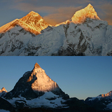 Sunrise on Mount Everest (top left) and on the Matterhorn