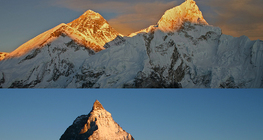 Sunrise on Mount Everest (top left) and on the Matterhorn