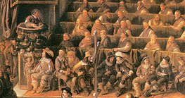 Galileo (top left corner) at the trial of the Inquisition