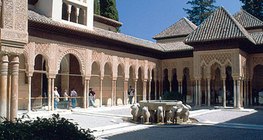 Masterpiece of Moorish architecture: Court of the Lions in the Alhambra, Granada, Spain
