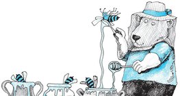 Mézes Mackó, a gazda, kiemel épp egy torkos darazsat a mézből