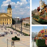 Debrecen főtere a Református Nagytemplommal. A debreceni virágkarnevál