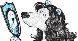 Medvelány kézi tükörben nézi haját, és közben azon tűnődik, milyen paróka lesz belőle, miután levágták