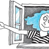 Ablakból kinyúló lány, kezén a szerelem kék madarával