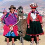Peruvian Indians with their favourite pack animal, a llama